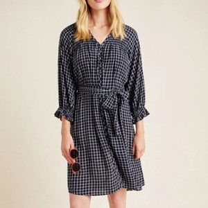 Anthropologie Maeve Sara Smocked Belted Tie-Waist Navy Plaid Shirt Dress S